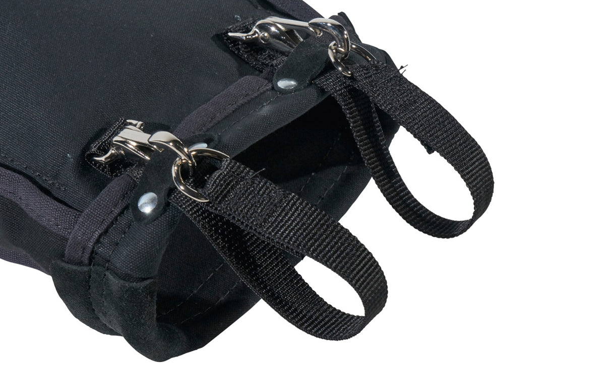 Klein Tools' Nut & Bolt Pouch is reinforced with leather & rope, which also keeps the shape of the pouch opening. This tool bag has an interior pocket, & metal snaps on the loops for belts up to 3" wide. Overall size measures 9" x 3.5" x 10". Klein Model 51A. Made in USA.