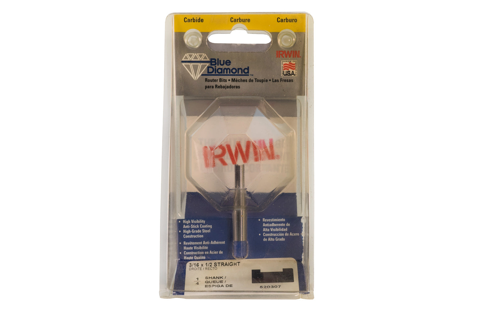 Irwin Carbide 3/16" x 1/2" Straight Router Bit - Made in USA. High grade Steel construction Router Bit. 1/2" depth. 1-1/2" overall length. 1/4" shank. Irwin Blue Diamond Model No. 520307. Made in USA.