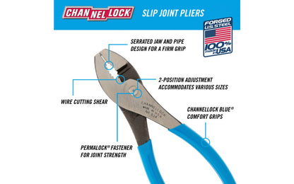 These 4-1/2" Channellock Slip Joint Pliers are versatile & easy to use. They feature a serrated jaw for a firm grip and an added wire cutting shear for soft wire. Channelock Slip Joint Pliers are made in USA and forged from high carbon U.S. steel that is specially coated for ultimate rust prevention. Model 524.