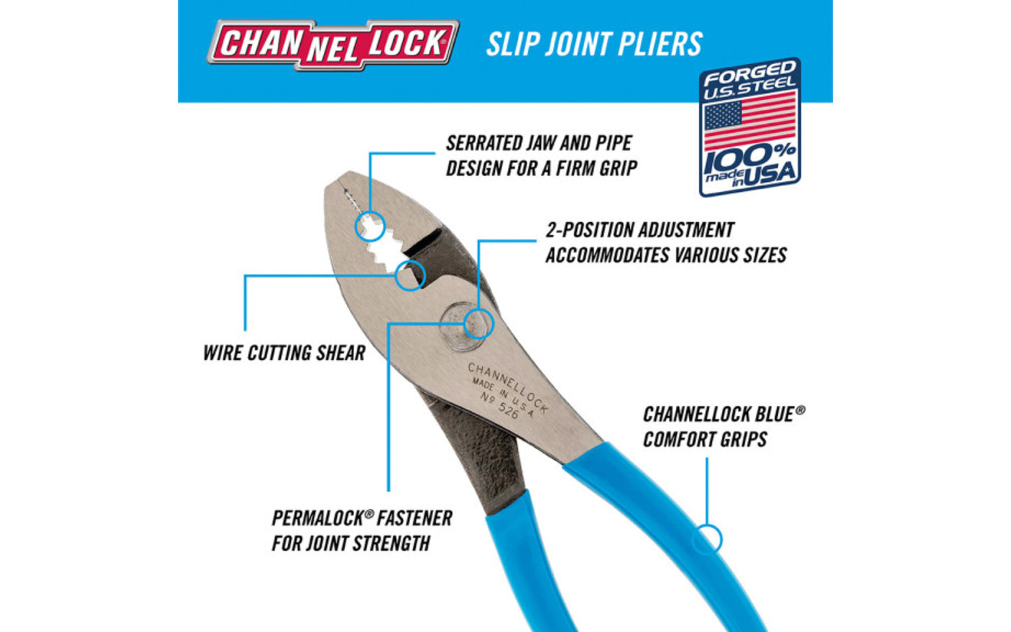 These 6-1/2" Channellock Slip Joint Pliers are versatile & easy to use. They feature a serrated jaw for a firm grip and an added wire cutting shear for soft wire. Channelock Slip Joint Pliers are made in USA and forged from high carbon U.S. steel that is specially coated for ultimate rust prevention.  Made in USA.