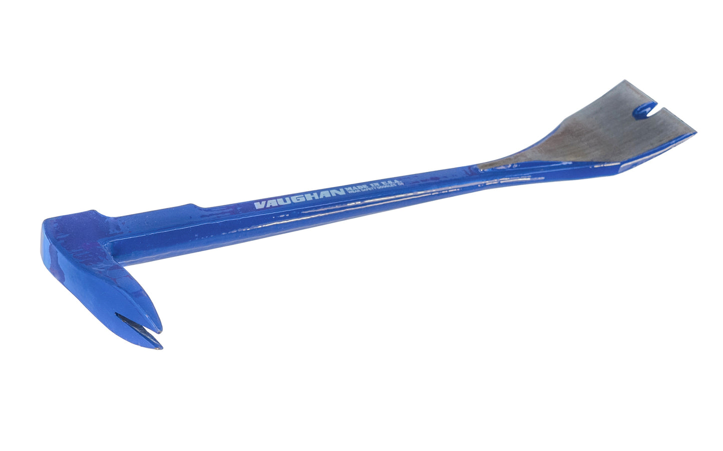 Made in USA · Vaughan Hammers ~ Model No. BC-SB10 ~ Drop-forged & tempered steel for strength ~ Heavy duty ~ high carbon steel, tempered & hardened for strength ~ Two beveled nail slots ~ Nail pulling end has rocker head for maximum leverage ~ Rust-resistant powder coated finish ~ 10" overall length ~ Moulding bar