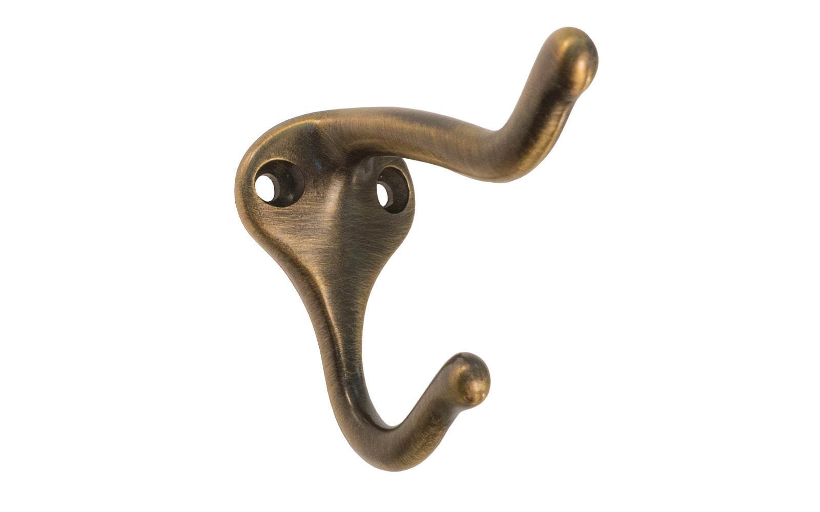 Ives Solid Brass Double Hook. Solid Brass Coat & Hat Hook ~ Antique Brass Finish. Great for kitchens, bathrooms, hallways, furniture, cabinets, bedrooms. The two prong hook is made of solid brass material, making it durable for clothing, towels, bags. Hat & Coat Hook. 3" projection. 571-B5.