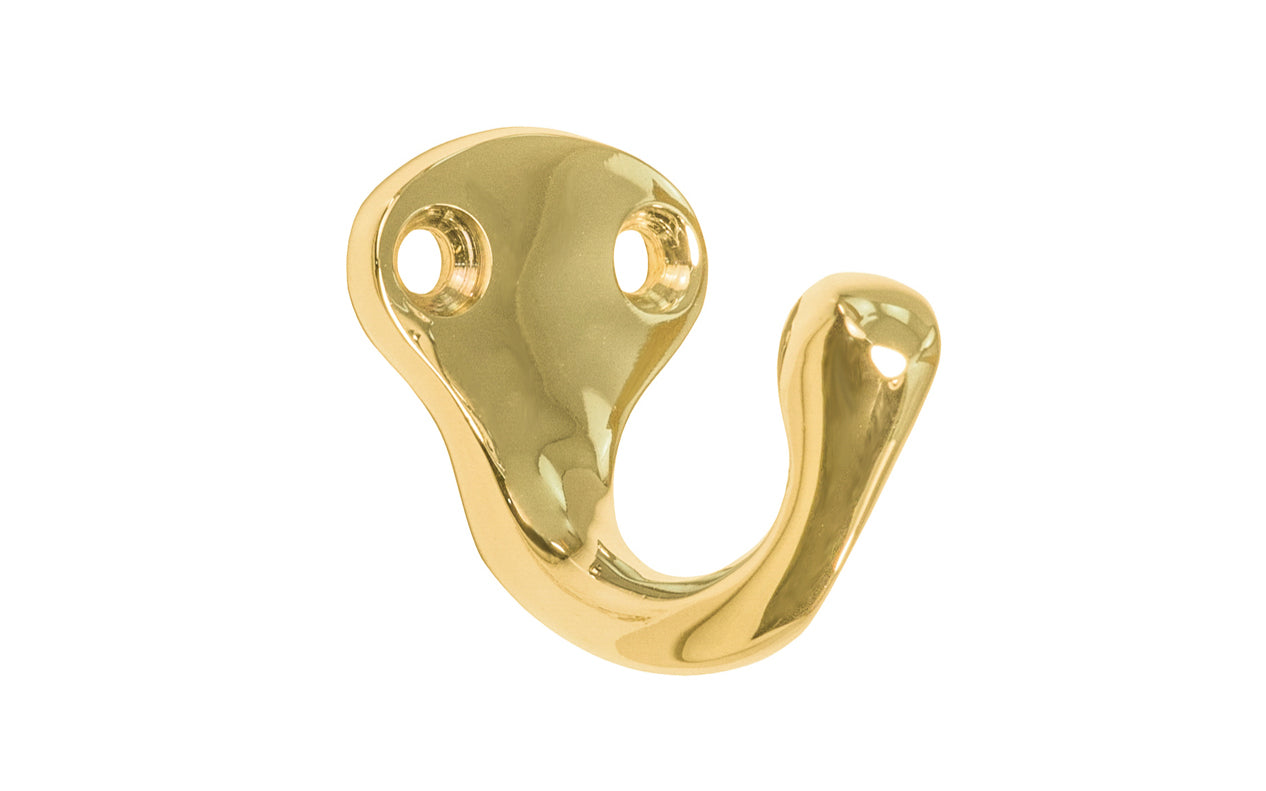 Ives classic solid brass wardrobe hook. Great for kitchens, bathrooms, hallways, furniture, cabinets, bedrooms. The single prong hook is made of solid brass material, making it durable for clothing, towels, bags. Lacquered Brass Finish.