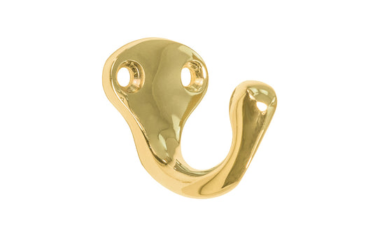 Ives classic solid brass wardrobe hook. Great for kitchens, bathrooms, hallways, furniture, cabinets, bedrooms. The single prong hook is made of solid brass material, making it durable for clothing, towels, bags. Lacquered Brass Finish.