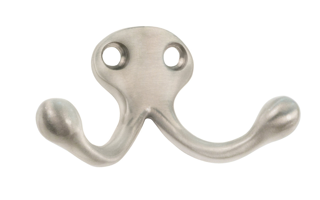 Ives classic solid brass double wardrobe hook. Great for kitchens, bathrooms, hallways, furniture, cabinets, bedrooms. The two prong hook is made of solid brass material, making it durable for clothing, towels, bags. Satin Nickel Finish.