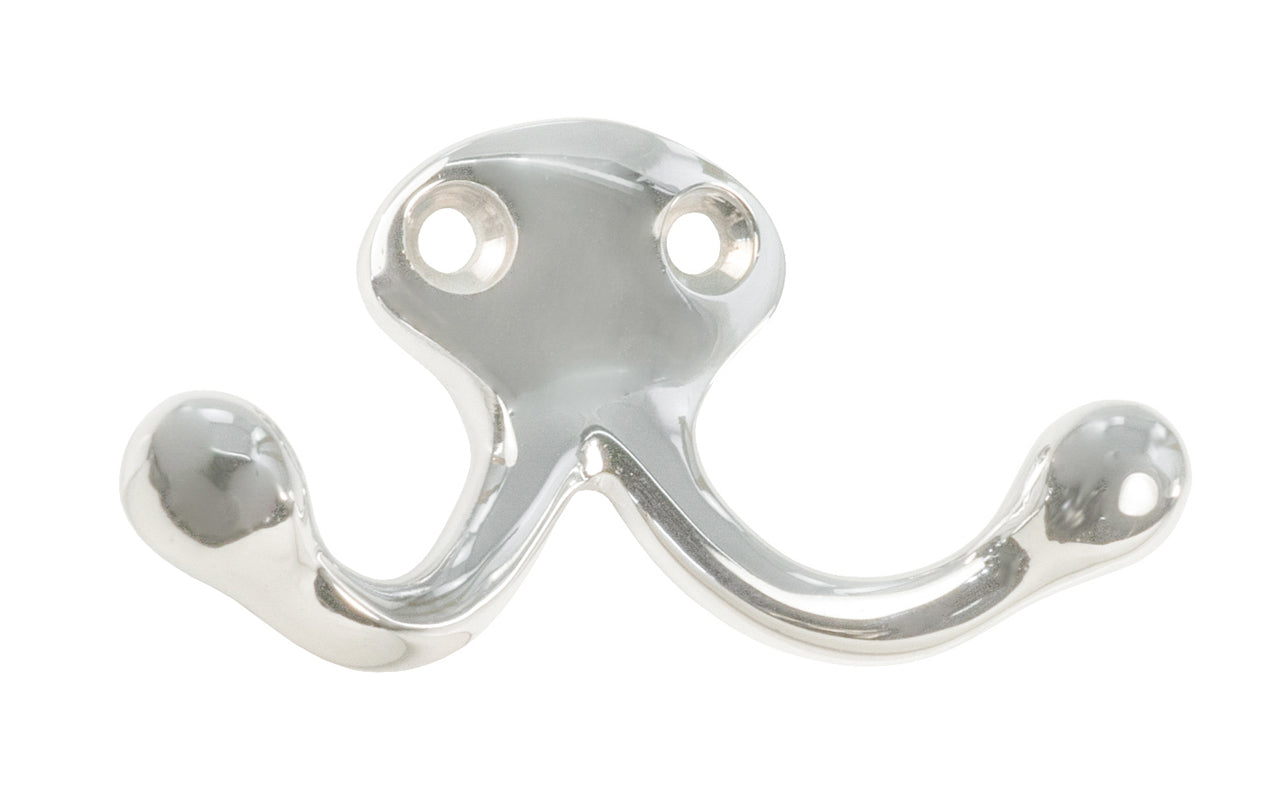 Ives classic solid brass double wardrobe hook. Great for kitchens, bathrooms, hallways, furniture, cabinets, bedrooms. The two prong hook is made of solid brass material, making it durable for clothing, towels, bags. Polished Chrome Finish.