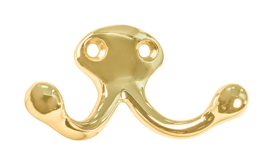 Ives classic solid brass double wardrobe hook. Great for kitchens, bathrooms, hallways, furniture, cabinets, bedrooms. The two prong hook is made of solid brass material, making it durable for clothing, towels, bags. Lacquered Brass Finish.