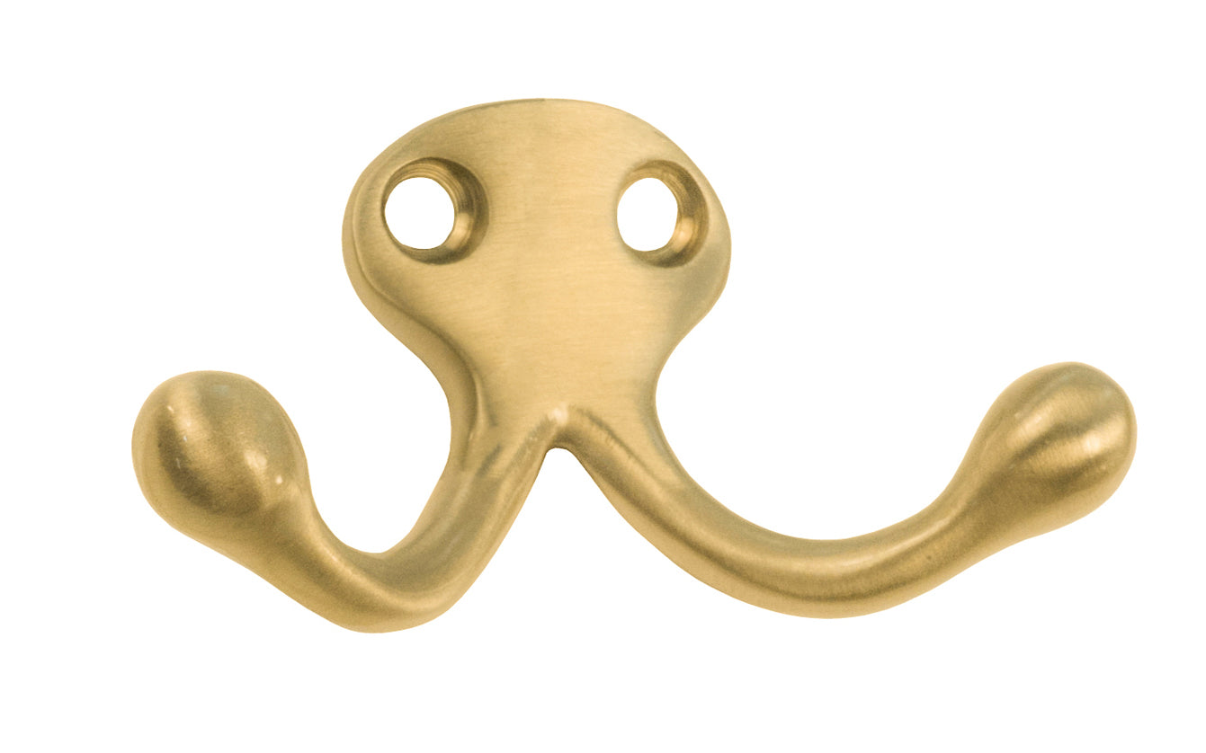 Ives classic solid brass double wardrobe hook. Great for kitchens, bathrooms, hallways, furniture, cabinets, bedrooms. The two prong hook is made of solid brass material, making it durable for clothing, towels, bags. Brushed Brass Finish