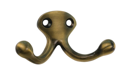 Ives classic solid brass double wardrobe hook. Great for kitchens, bathrooms, hallways, furniture, cabinets, bedrooms. The two prong hook is made of solid brass material, making it durable for clothing, towels, bags. Antique Brass Finish.