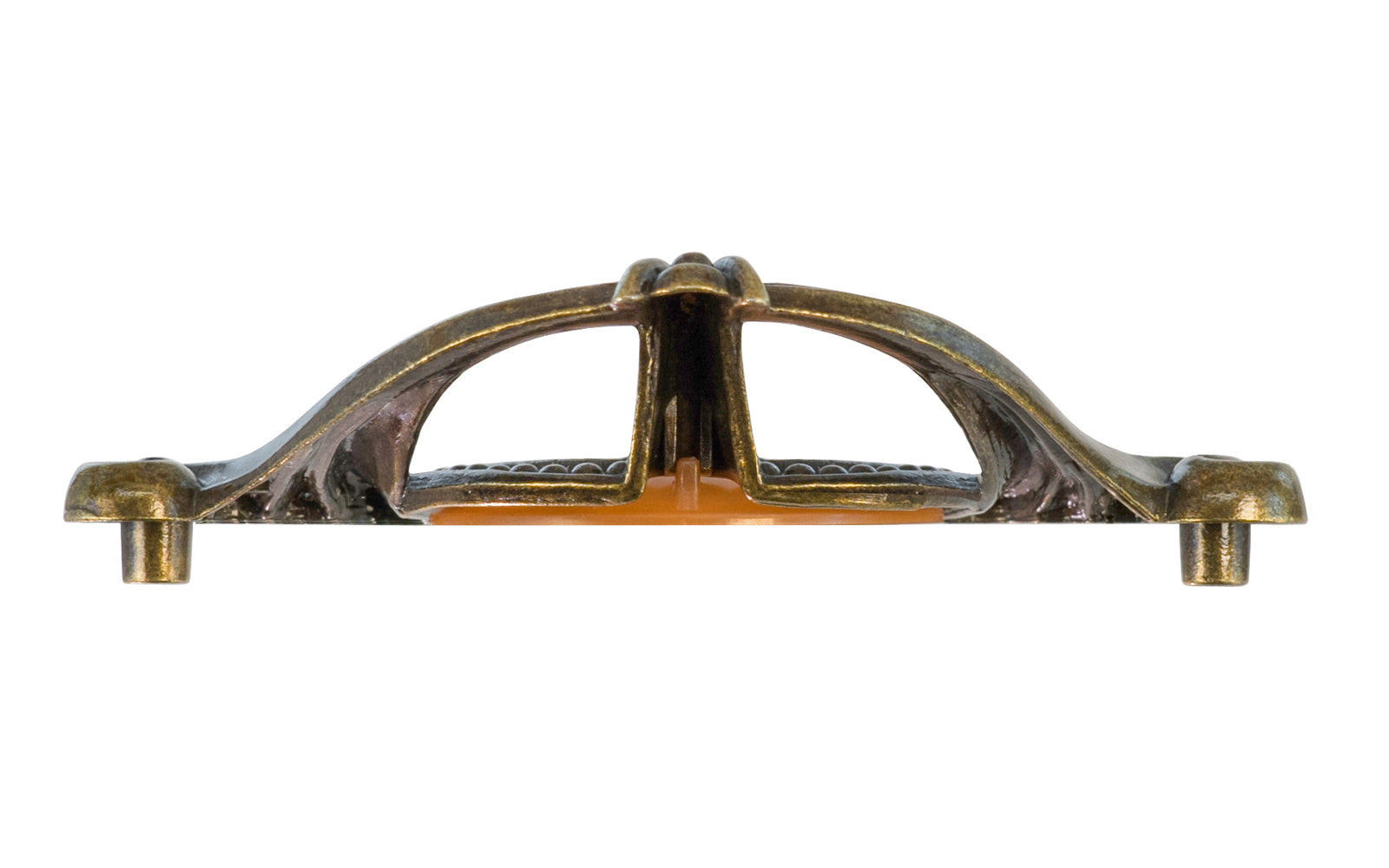 Waterfall-Style Drawer Pull With Bakelite ~ 4" on Centers. A special & unique drawer pull designed in the "Waterfall-style" / "Art Moderne" style of hardware popular in the 1930's. The handle pull is made of durable zinc material with an antique brass finish, & a bakelite insert inside. 4" on centers.