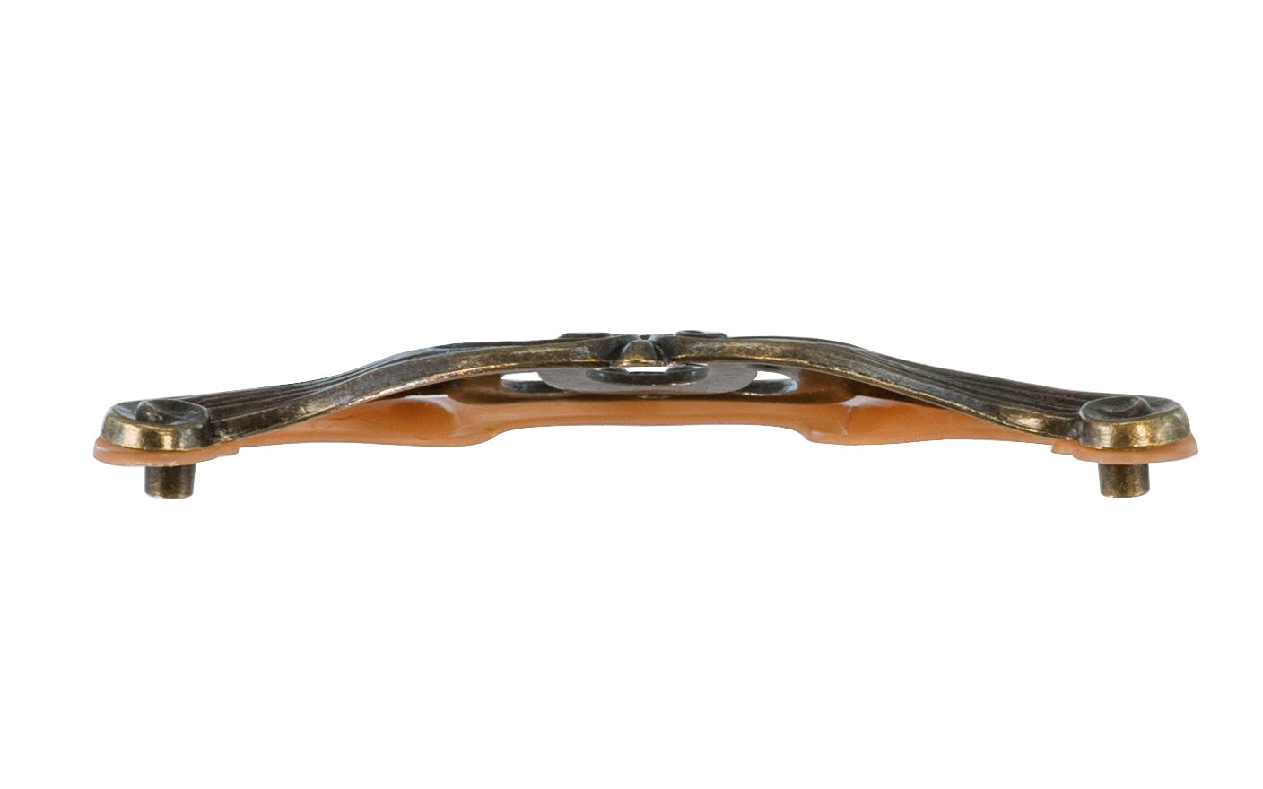 Waterfall-Style Drawer Pull With Bakelite ~ 4-1/2" on Centers. A special & unique drawer pull designed in the "Waterfall-style" / "Art Moderne" style of hardware popular in the 1930's. The handle pull is made of durable zinc material with an antique brass finish, & a bakelite insert inside. 4-1/2" on centers.