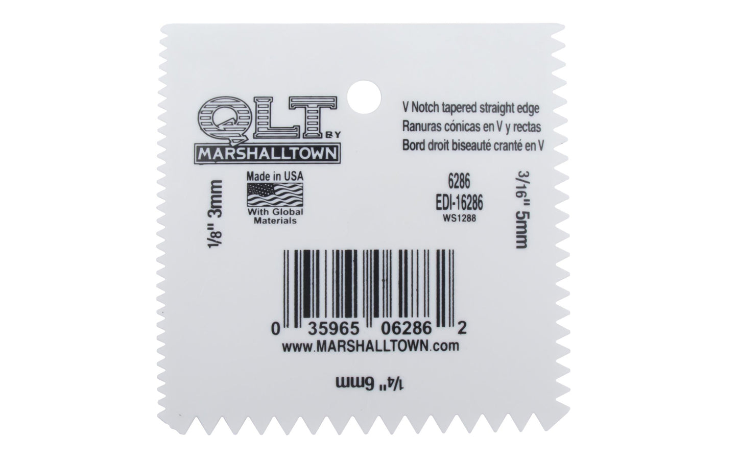This Marshalltown V-Notch contractor-grade QLT Plastic Notched Spreader won't rust or corrode. Each side has a different notch size. Square notch 1/16" x 1/16" x 1/16"; 1/8" x 1/8" x 1/8"; 1/4" x 1/4" x 1/4"; 1/4" x 1/8" x 1/4" size.   Made in USA ~ Model 6286