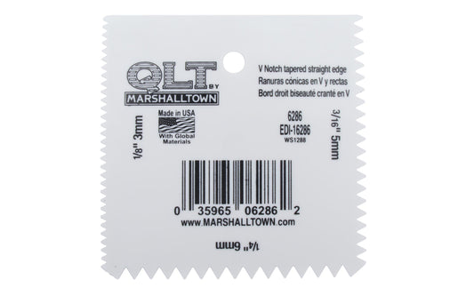 This Marshalltown V-Notch contractor-grade QLT Plastic Notched Spreader won't rust or corrode. Each side has a different notch size. Square notch 1/16" x 1/16" x 1/16"; 1/8" x 1/8" x 1/8"; 1/4" x 1/4" x 1/4"; 1/4" x 1/8" x 1/4" size.   Made in USA ~ Model 6286