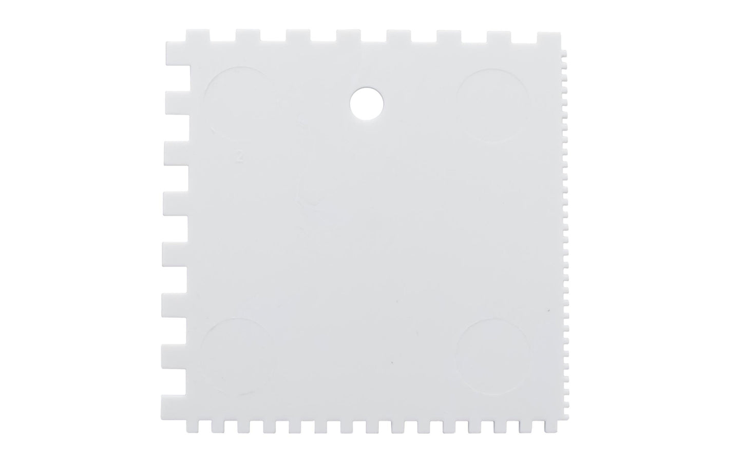 Marshalltown Plastic Square Notched Spreader. This Marshalltown contractor-grade QLT Plastic Notched Spreaders won't rust or corrode. Each side has a different notch size. Square notch 1/16" x 1/16" x 1/16"; 1/8" x 1/8" x 1/8"; 1/4" x 1/4" x 1/4"; 1/4" x 1/8" x 1/4" size. Made in USA ~ Model 6287