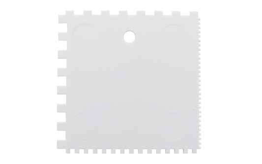 Marshalltown Plastic Square Notched Spreader. This Marshalltown contractor-grade QLT Plastic Notched Spreaders won't rust or corrode. Each side has a different notch size. Square notch 1/16" x 1/16" x 1/16"; 1/8" x 1/8" x 1/8"; 1/4" x 1/4" x 1/4"; 1/4" x 1/8" x 1/4" size. Made in USA ~ Model 6287