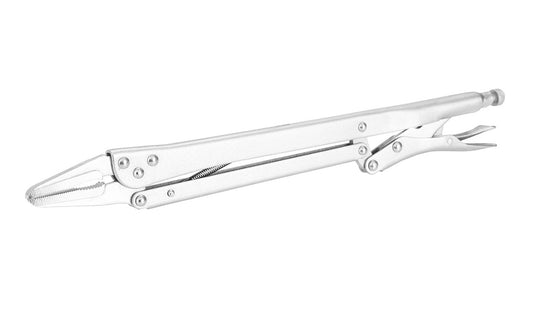 GreatNeck 15" Long Reach Locking Pliers feature an extended neck for clamping in hard-to-reach spaces. Designed for easy one-hand use, these locking pliers are outfitted with an instant locking and release mechanism. These pliers are constructed with carbon steel for strength, & are nickel plated to resist rust. Model 70009