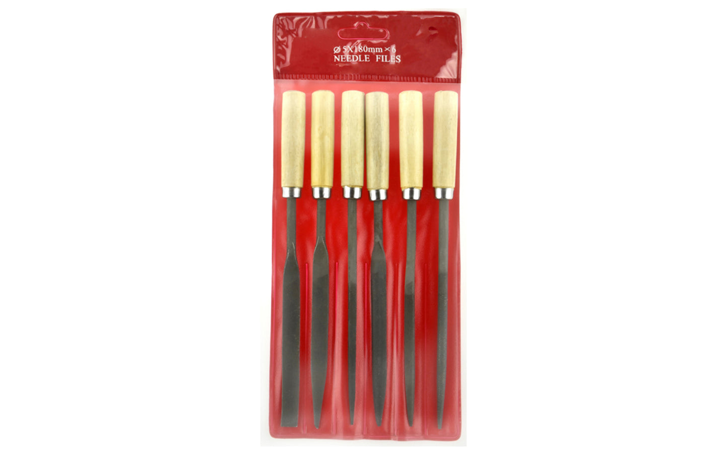 Basic & economy-style Coarse cut needle file set. Shapes included in set: Round, Equaling, Half Round, Crossing, Square, &amp; Three Square. Made of bearing hardened steel. Coarse cut - Approx. diameter 5 mm x 180 mm length. Made by SE.