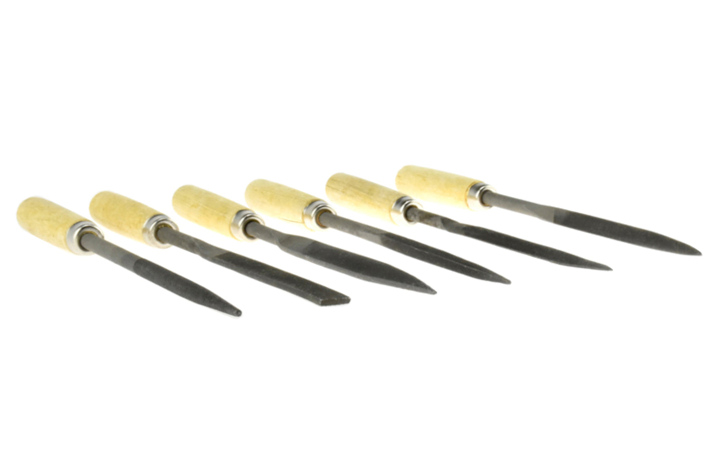 Basic & economy-style Coarse cut needle file set. Shapes included in set: Round, Equaling, Half Round, Crossing, Square, &amp; Three Square. Made of bearing hardened steel. Coarse cut - Approx. diameter 5 mm x 180 mm length. Made by SE.