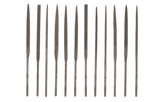 12-PC Fine Cut Needle File Set - 3 mm x 140 mm. Designed for removing, refining, reshaping, & scraping projects that require detail precision work. Shapes in set: (2) Round, (2) Equaling, Tapered Round, Half Round, Barrette, Crossing, Knife, Warding, Square, &amp; Three Square. Made of bearing hardened steel. 