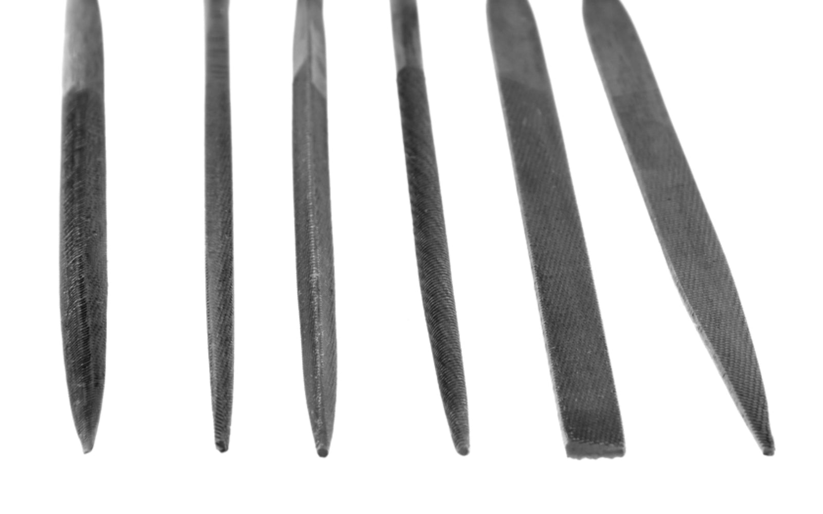 6-PC Fine Cut Needle File Set - 3 mm x 140 mm. Basic & economy-style needle file set for removing, refining, reshaping, & scraping projects that require detail precision work on small surfaces & tight areas. Shapes in set: Round, Equaling, Half Round, Knife, Square, & Three Square. Made of bearing hardened steel. 