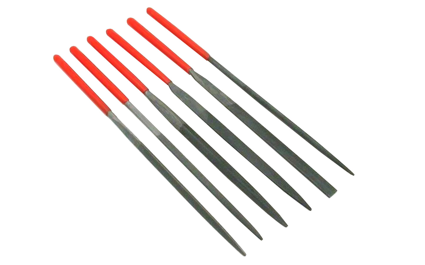 6-PC Fine Cut Needle File Set - 3 mm x 140 mm. Basic & economy-style needle file set for removing, refining, reshaping, & scraping projects that require detail precision work on small surfaces & tight areas. Shapes in set: Round, Equaling, Half Round, Knife, Square, & Three Square. Made of bearing hardened steel. 