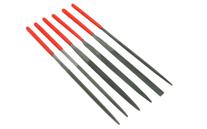 6-PC Fine Cut Needle File Set - 3 mm x 140 mm. Basic & economy-style needle file set for removing, refining, reshaping, & scraping projects that require detail precision work on small surfaces & tight areas. Shapes in set: Round, Equaling, Half Round, Knife, Square, & Three Square. Made of bearing hardened steel. 