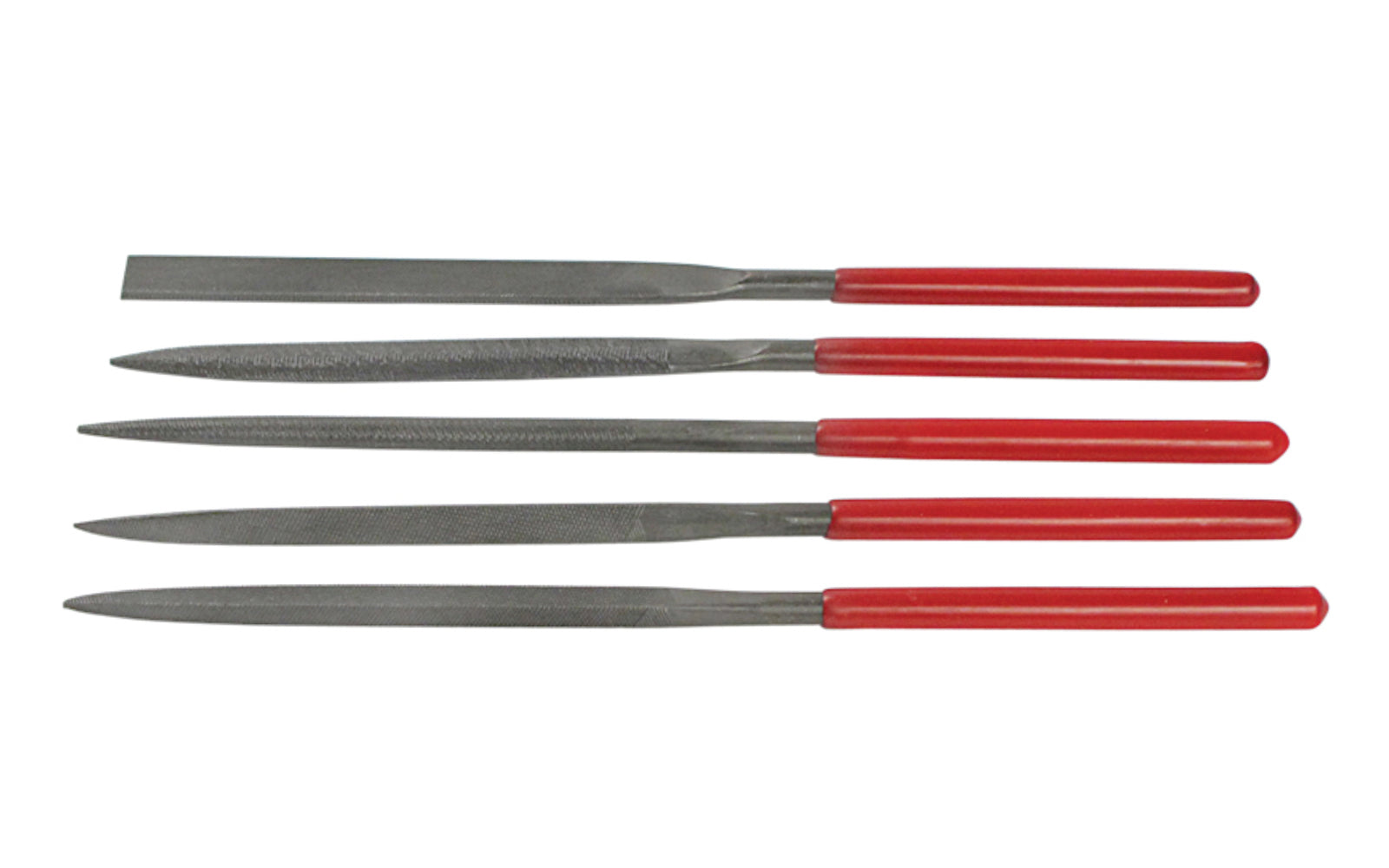 5-PC Medium Cut Needle File Set - 5 mm x 180 mm. Basic & economy-style needle file set. Shapes included in set: Round, Equaling, Half Round, Square, & Three Square. Made of bearing hardened steel. Medium cut - Approx. diameter 5 mm x 180 mm length. Made by SE.