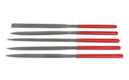 5-PC Medium Cut Needle File Set - 5 mm x 180 mm. Basic & economy-style needle file set. Shapes included in set: Round, Equaling, Half Round, Square, & Three Square. Made of bearing hardened steel. Medium cut - Approx. diameter 5 mm x 180 mm length. Made by SE.