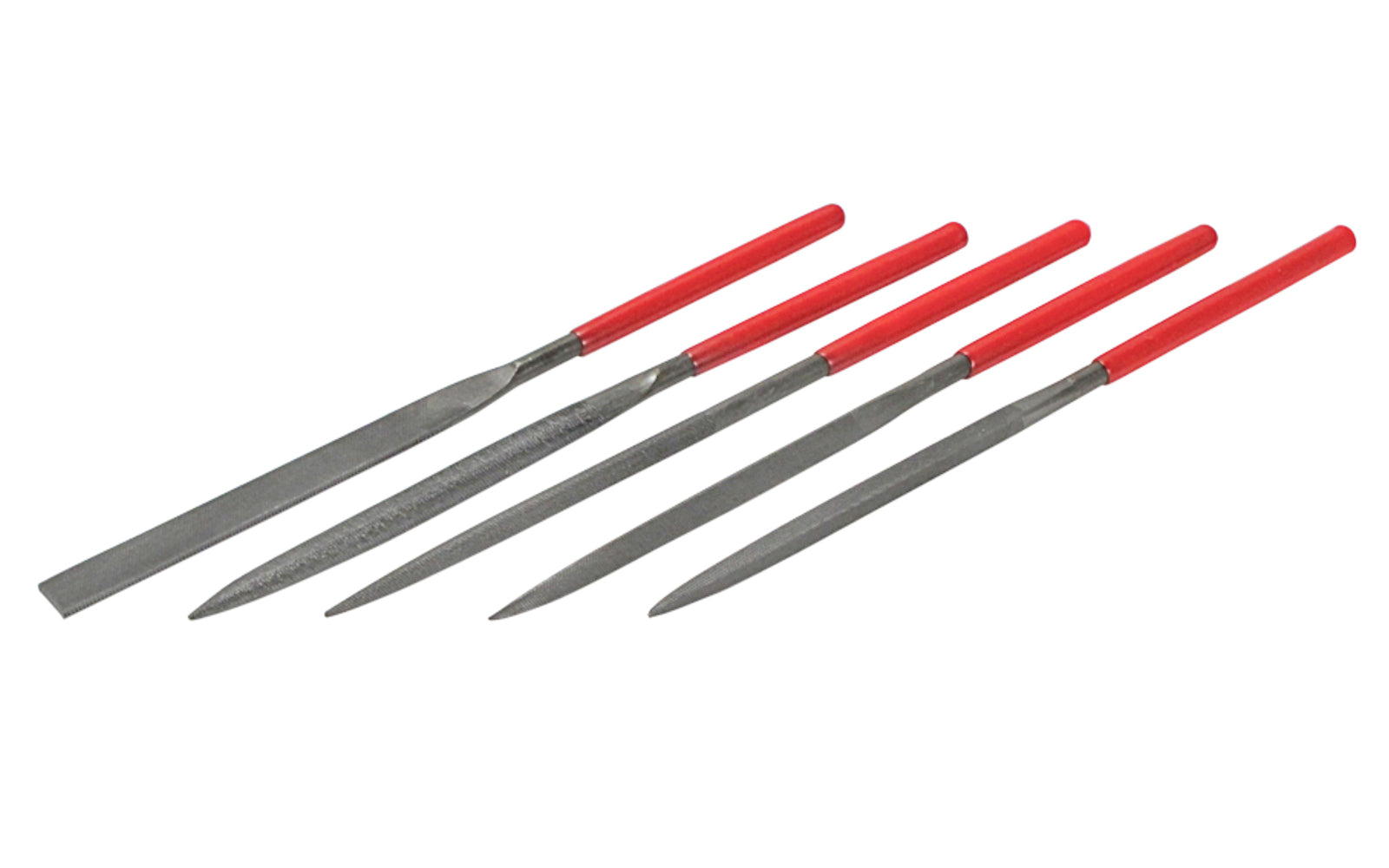 5-PC Medium Cut Needle File Set - 5 mm x 180 mm. Basic & economy-style needle file set. Shapes included in set: Round, Equaling, Half Round, Square, & Three Square. Made of bearing hardened steel. Medium cut - Approx. diameter 5 mm x 180 mm length. Made by SE.