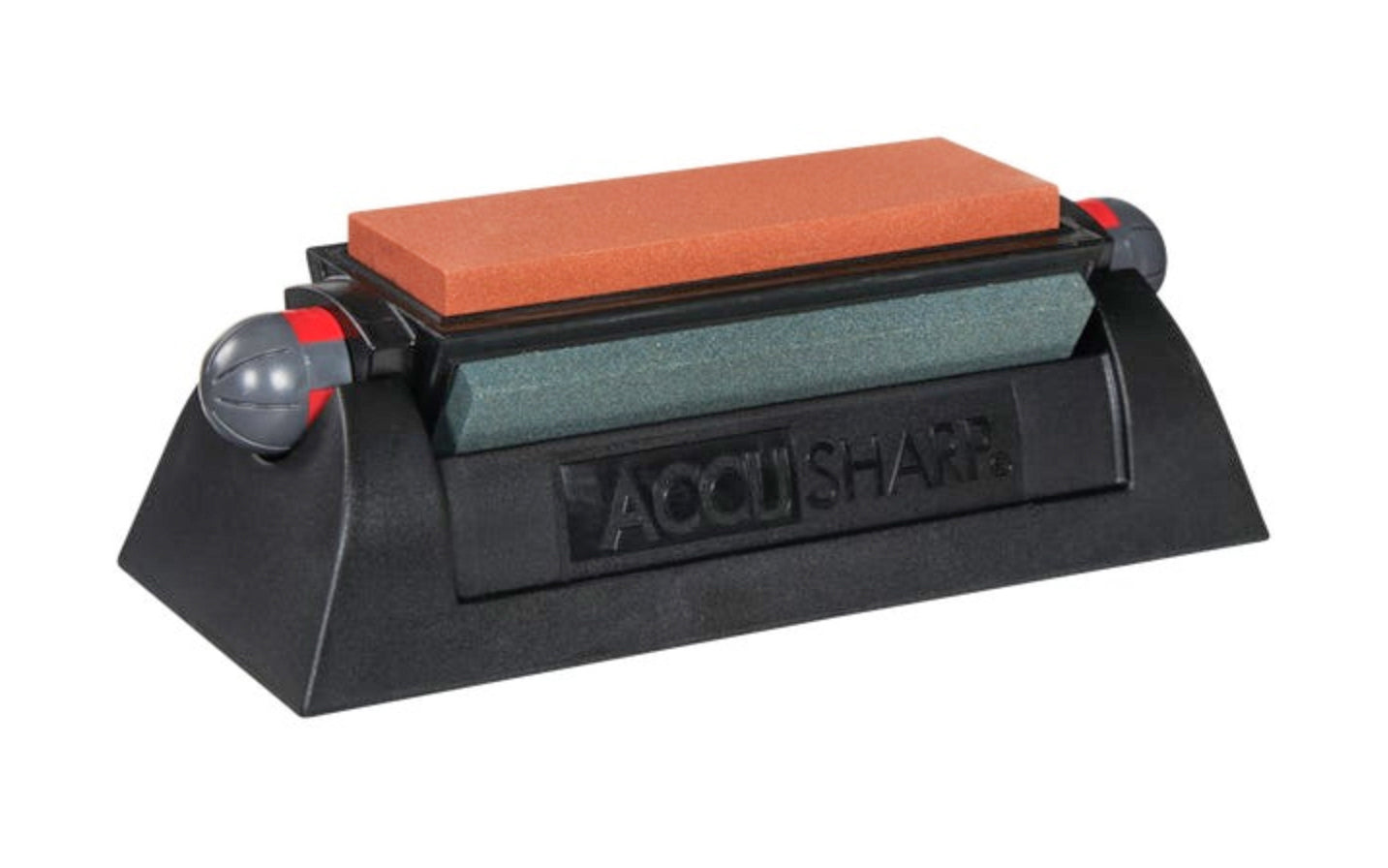 AccuSharp Tri-Stone sharpening stone system. 3-stone system: coarse diamond (120 grit), medium aluminum-oxide (180 grit), & fine ceramic (240 grit). Model 064C. Aluminum Oxide Tri Stone sharpening system. Non-slip rubber feet.