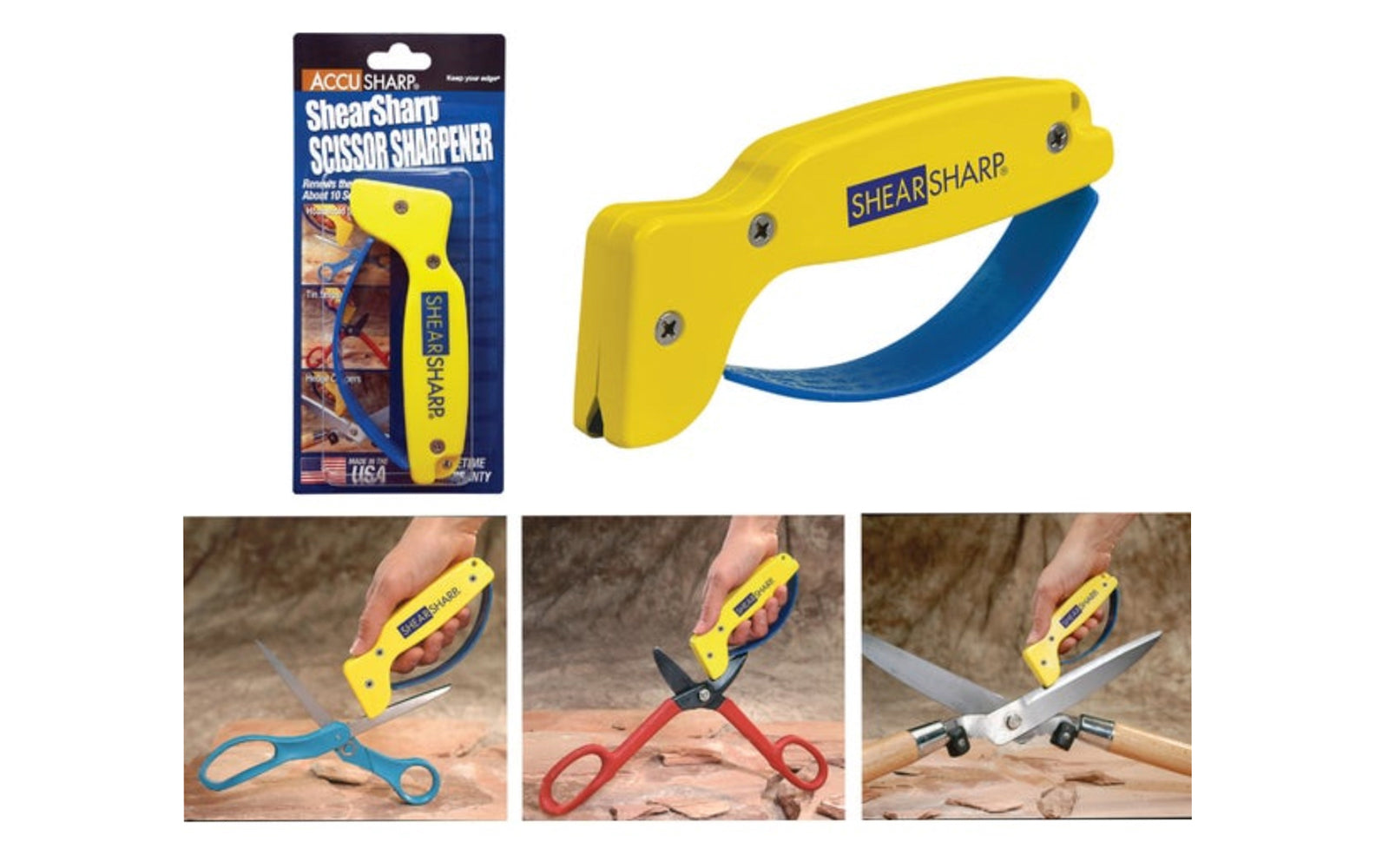 AccuSharp Scissors & Shear Sharpener. ShearSharp sharpener is an amazing device designed for sharpening general purpose scissors, hedge clippers, shears, & tin snips. Draw over the flat surface of scissors to sharpen. Reversible tungsten carbide blade for extended life & safety hand grip to prevent cuts.  Made in USA.