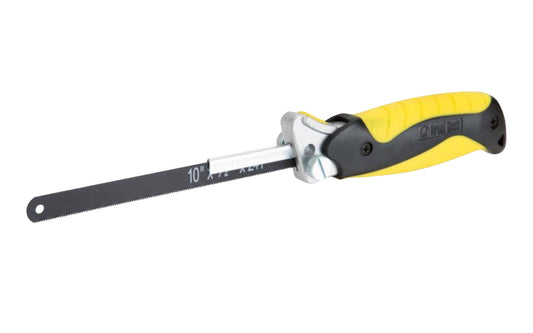 This adjustable close quarter hacksaw helps out when you're in a tight spot. It has an adjustable blade brace to fit any size, style or type of hacksaw blade. Ergonomic grip with thumb rest & optimizes comfort & power & minimizes user fatigue. Includes one 10" carbon steel hacksaw blade. Made by GreatNeck. Model 80070.