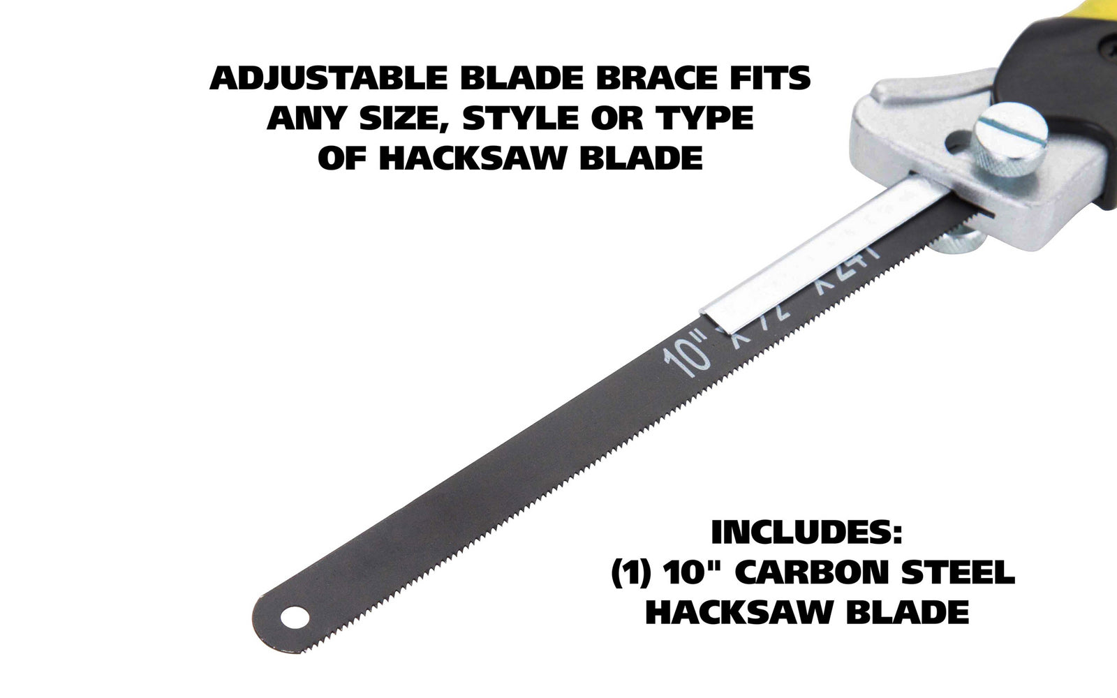 This adjustable close quarter hacksaw helps out when you're in a tight spot. It has an adjustable blade brace to fit any size, style or type of hacksaw blade. Ergonomic grip with thumb rest & optimizes comfort & power & minimizes user fatigue. Includes one 10" carbon steel hacksaw blade. Made by GreatNeck. Model 80070.