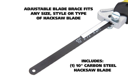 This adjustable close quarter hacksaw helps out when you're in a tight spot. It has an adjustable blade brace to fit any size, style or type of hacksaw blade. Ergonomic grip with thumb rest & optimizes comfort & power & minimizes user fatigue. Includes one 10" carbon steel hacksaw blade. Made by GreatNeck. Model 80070.