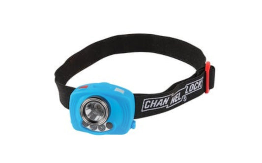 Channellock Headlamp. Rubber encased LED headlamp has bright white and red light settings. Manual on/off and sensor on/off setting. Expandable head band. Made by Channelock.