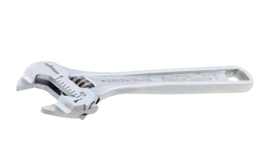 Channellock 4" Xtra Slim Jaw Adjustable Wrench features slimmer jaws. Measurement scales are laser engraved (in. on front, mm. on reverse) & are handy for sizing nuts, pipe & tube diameters. Rugged Chrome Vanadium steel. Chrome finish for rust prevention. 4.52" size. Extra Slim Wrench Channelock Model 804s.