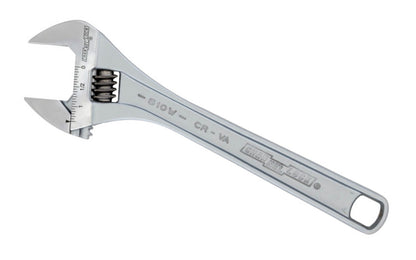 Channellock 10" Adjustable Wrench. Wide jaws offer extra capacity, supporting larger nuts & bolts. Measurement scales are laser engraved (in. on front, mm. on reverse) & are handy for sizing nuts, pipe & tube diameters. Rugged Chrome Vanadium steel. Chrome finish for rust prevention. 10" size. Channelock Model 810W.