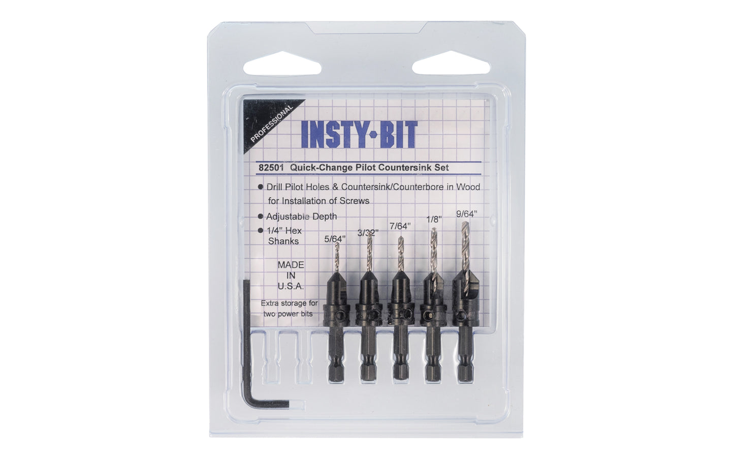 Insty-Bit Quick Change Hex ShankPilot Countersink Set. Insty-Bit Two-Flute Countersink & Drill Bit. 2-flute countersink is designed for splinter-free holes in wood, plastics & composites. Hardened HSS material keeps cutting flutes sharper longer. Twist Drill bit has a 135 degree split point. Made in USA. Model 82501 ~ 019366825011