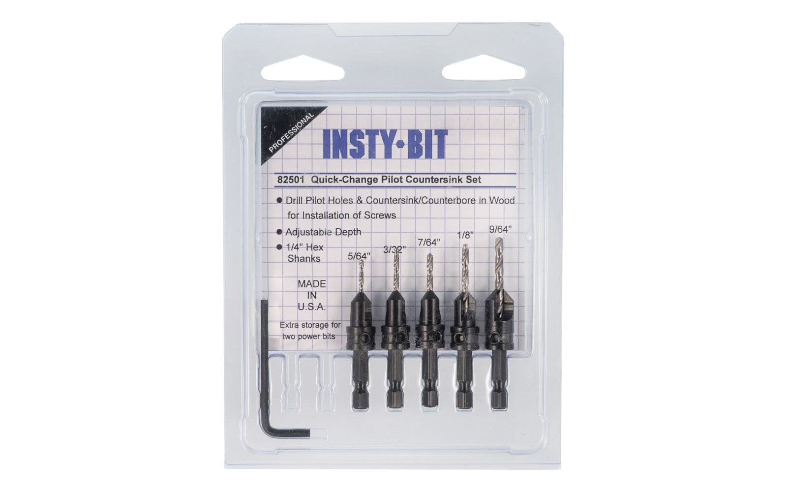 Insty-Bit Quick Change Hex ShankPilot Countersink Set. Insty-Bit Two-Flute Countersink & Drill Bit. 2-flute countersink is designed for splinter-free holes in wood, plastics & composites. Hardened HSS material keeps cutting flutes sharper longer. Twist Drill bit has a 135 degree split point. Made in USA. Model 82501 ~ 019366825011