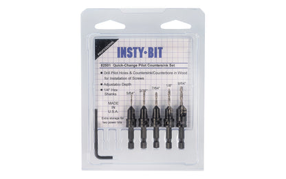 Insty-Bit Quick Change Hex ShankPilot Countersink Set. Insty-Bit Two-Flute Countersink & Drill Bit. 2-flute countersink is designed for splinter-free holes in wood, plastics & composites. Hardened HSS material keeps cutting flutes sharper longer. Twist Drill bit has a 135 degree split point. Made in USA. Model 82501 ~ 019366825011