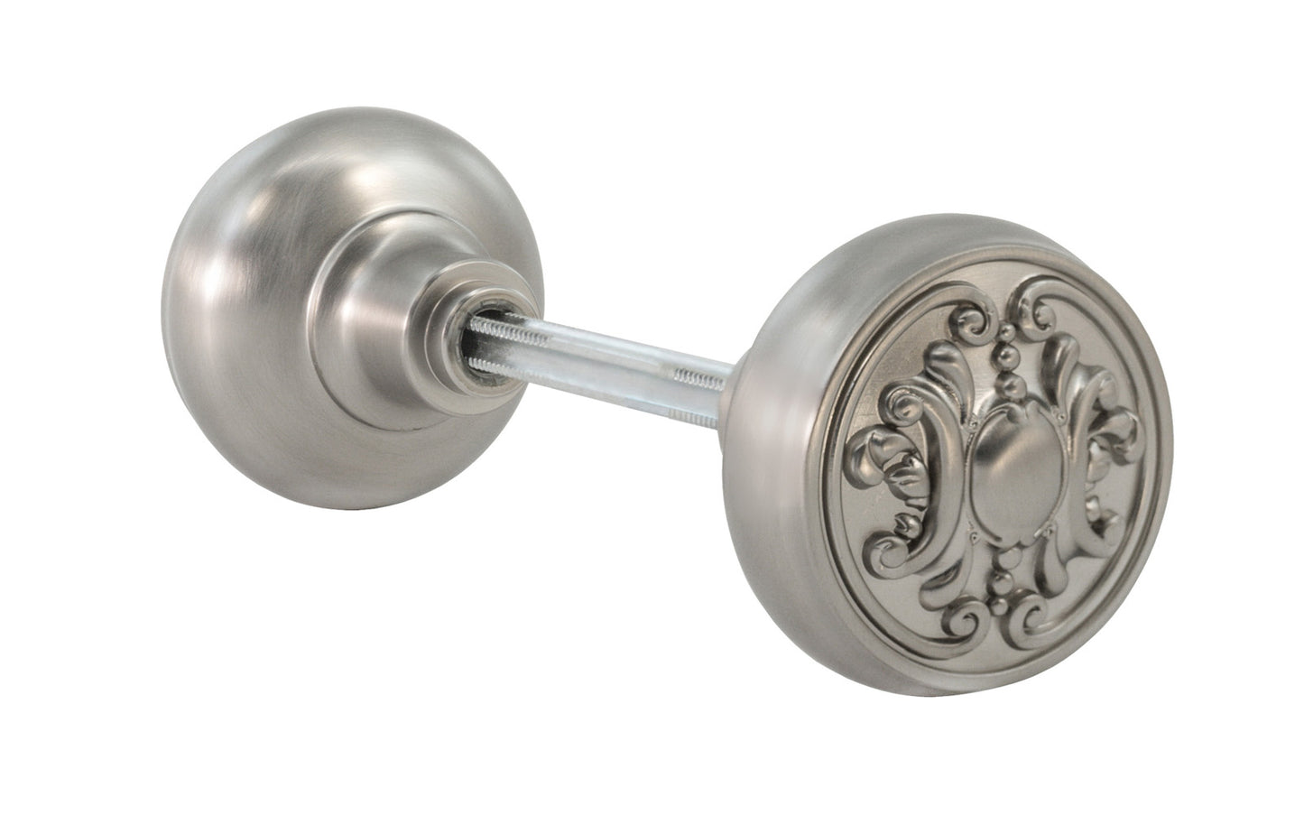 Pair of Solid Brass Core "Ornate" Doorknobs with spindle. Traditional Elegant Solid Brass Doorknob Set. Reproduction Brass Door Knobs. Brushed Nickel Finish.