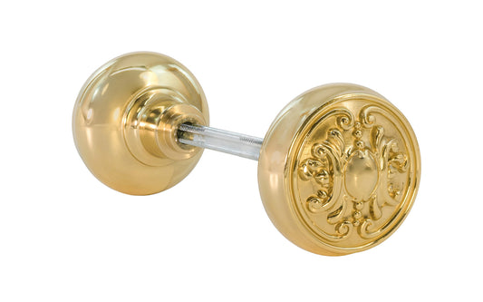 Pair of Solid Brass Core "Ornate" Doorknobs with spindle. Traditional Elegant Solid Brass Doorknob Set. Reproduction Brass Door Knobs. Unlacquered Brass (will patina naturally over time). Non-Lacquered Brass