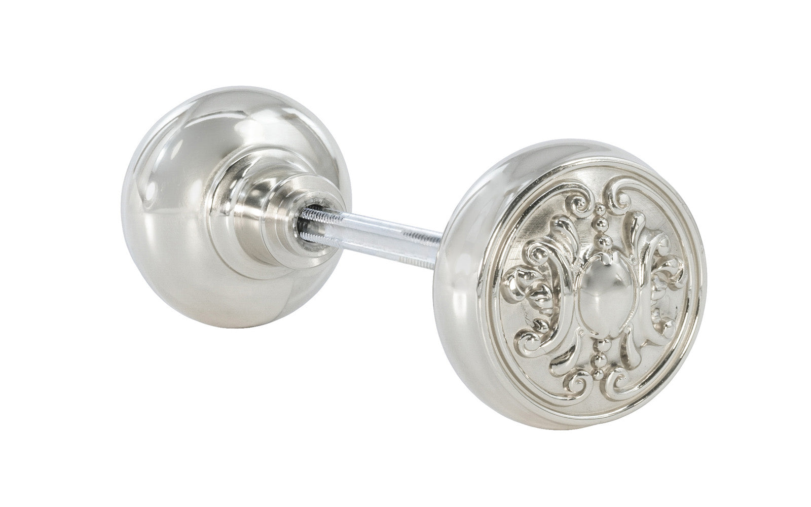 Pair of Solid Brass Core "Ornate" Doorknobs with spindle. Traditional Elegant Solid Brass Doorknob Set. Reproduction Brass Door Knobs. Polished Nickel Finish.