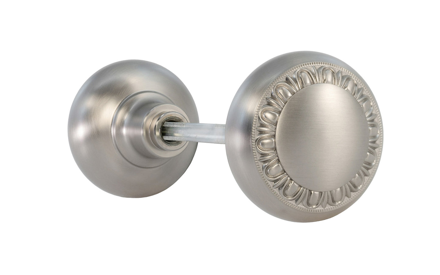 Pair of Solid Brass Core "Eggdart" Doorknobs with spindle. Traditional Solid Brass Doorknob Set. Reproduction Brass Door Knobs. Brushed Nickel Finish.