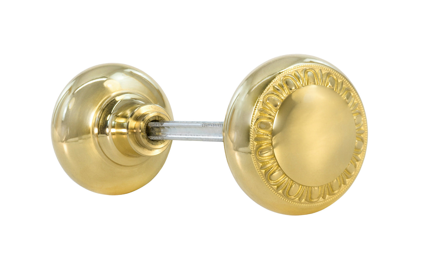 Pair of Solid Brass Core "Eggdart" Doorknobs with spindle. Traditional Solid Brass Doorknob Set. Reproduction Brass Door Knobs. Lacquered Brass Finish.