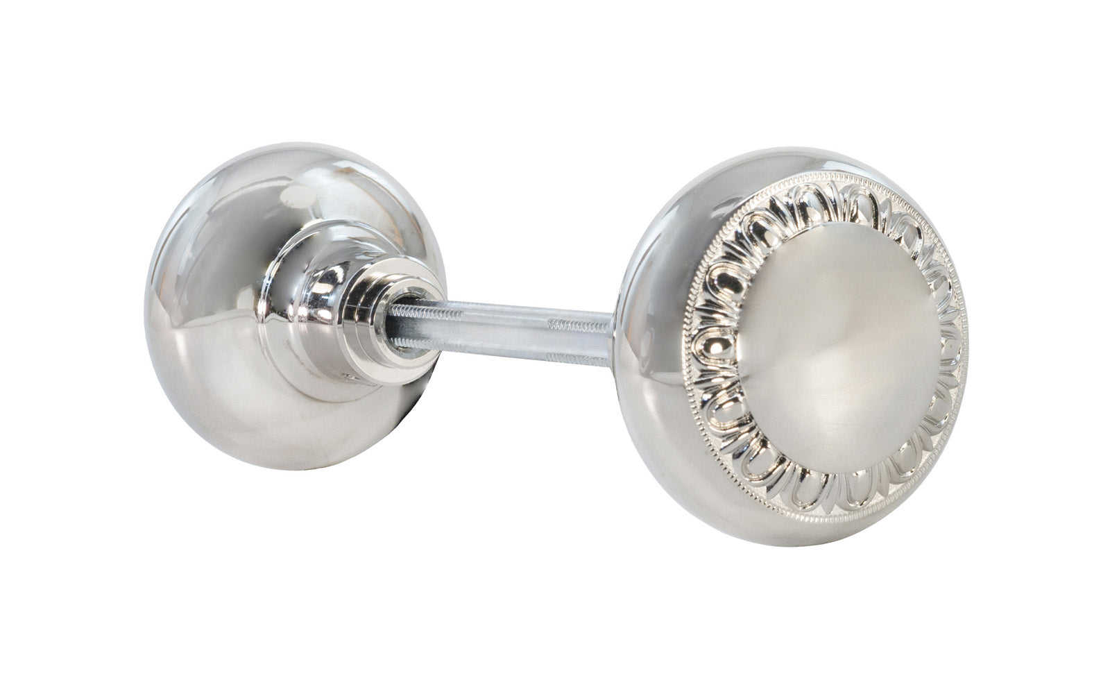 Pair of Solid Brass Core "Eggdart" Doorknobs with spindle. Traditional Solid Brass Doorknob Set. Reproduction Brass Door Knobs. Polished Nickel Finish.
