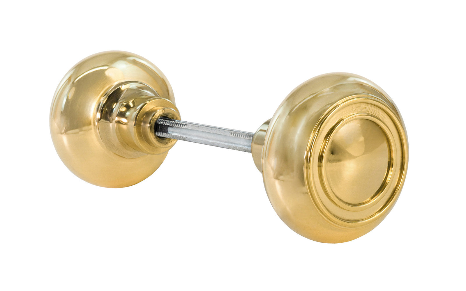 Pair of Solid Brass Core "Circle Ring" Doorknobs with spindle. Traditional Solid Brass Doorknob Set. Reproduction Brass Door Knobs. Unlacquered Brass (will patina naturally over time). Non-Lacquered Brass