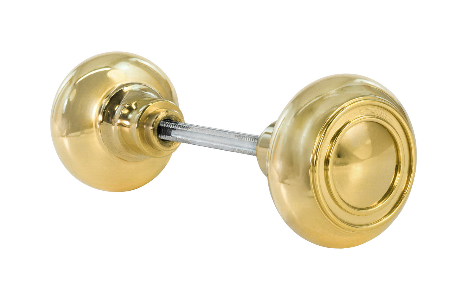 Pair of Solid Brass Core "Circle Ring" Doorknobs with spindle. Traditional Solid Brass Doorknob Set. Reproduction Brass Door Knobs. Lacquered Brass Finish.