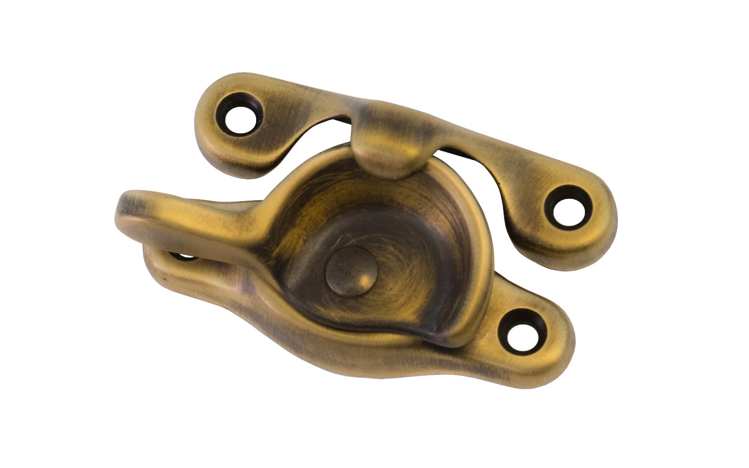 High quality & very popular classic solid brass crescent-style sash lock designed for hung or sash windows. Solid brass material with a durable pivot turn. 2-1/2" x 7/8" Regular Size Window Lock. Antique Brass Finish.