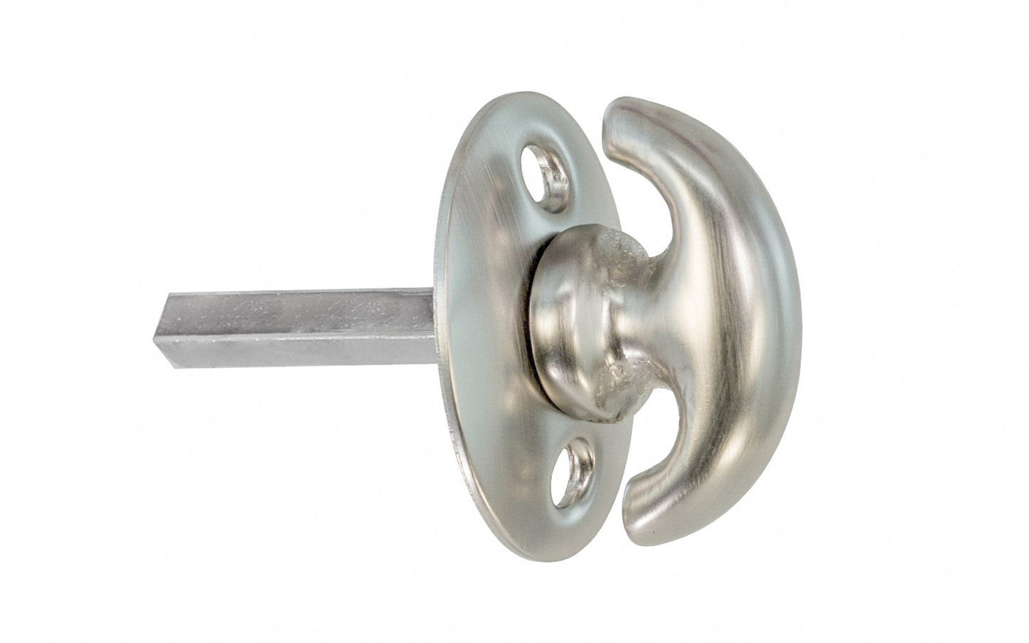 An old-style Classic Solid Brass crescent thumbturn for locking doors with a smaller oval plate. Used with mortise locks, deadbolts, night-locks, catches. Made of solid brass material. 3/16" thick shaft. Brushed nickel finish.
